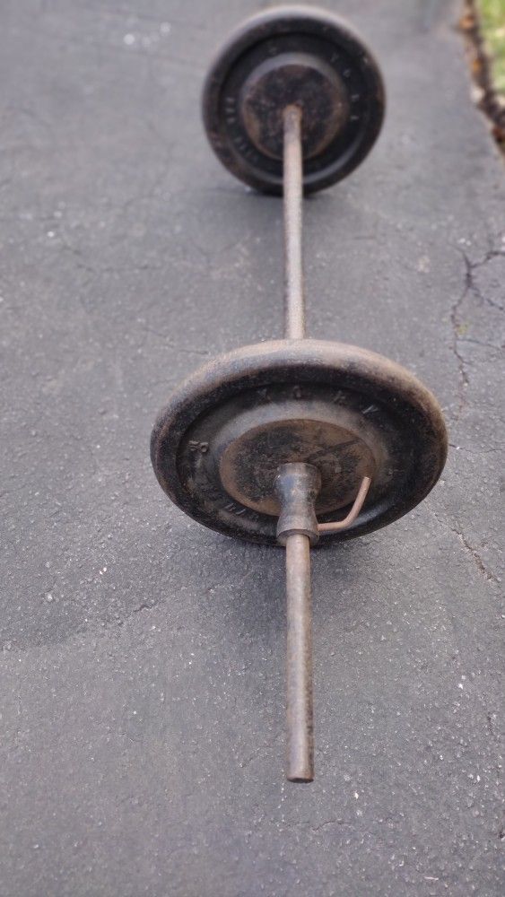 Vintage YORK 50 Lb Plates W/ 1" Hole With An Also Vintage 1" Bar And Old Collars
