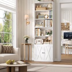 82" Tall Bookcase, Farmhouse Bookshelf with Doors, White 7 Tier Bookcase with Storage and Adjustable Shelf, Open and Display Wide Bookshelf for Living
