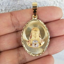 Solid 14k gold 2 sided virgin Mary and jesus pendant