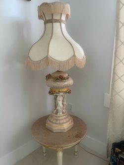 Pair of Vintage Victorian Cherub Table Lamps with Fringe Shades