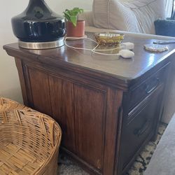 Wood Side Table with Electrical outlets And Storage