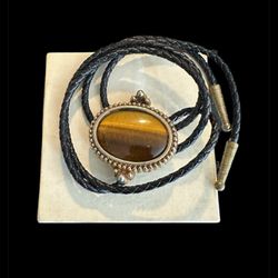 Natural Tiger's Stone Eye Bolo Tie Cowboy Vintage Alloy  Necklace