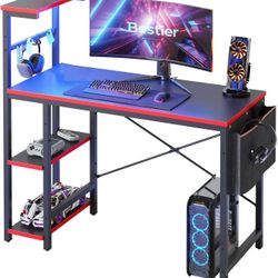 Bestier Gaming Desk with LED Lights, 44 Inch PC Gamer Desk for Small Spaces, Computer Desk with Reversible Storage Shelves & Side Storage Bag (Black 3