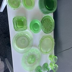 Vintage Uranium Glass Dinnerware & Serving Lot – Depression Era – Glows Under UV - 34 pieces