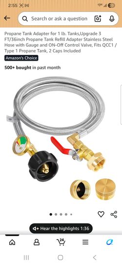 Propane Tank Adapter for 1 lb. Tanks,Upgrade 3 FT/36inch Propane Tank Refill Adapter Stainless Steel Hose with Gauge and ON-Off Control Valve, Fits QC
