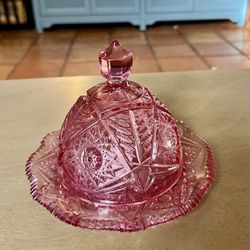 Cheese Cloche/Covered Butter Dish Cranberry Hobstar Pattern  6x7"