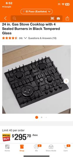 24 in. Gas Stove Cooktop with 4 Sealed Burners in Black Tempered Glass