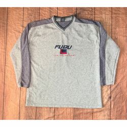 Men’s Size L Y2K FUBU The Collection Gray Logo Sweater
