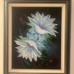 Framed Hand-Painted Acrylic Floral – White Flowers on Dark Background, 23×27