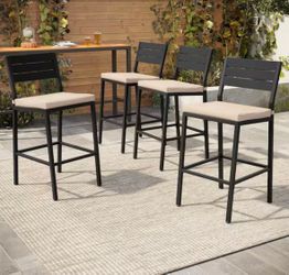 Metal Outdoor Bar Stools in Beige with Cushion (4-Pack)