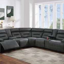 Brand New Grey Leather Power Reclining Sectional Sofa 