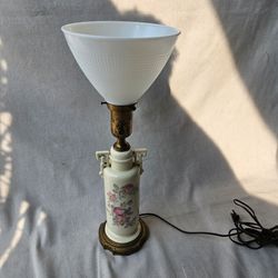 Vintage Floral Ceramic Table Lamp w/ White Glass Shade Brass-Tone Base 21.25"