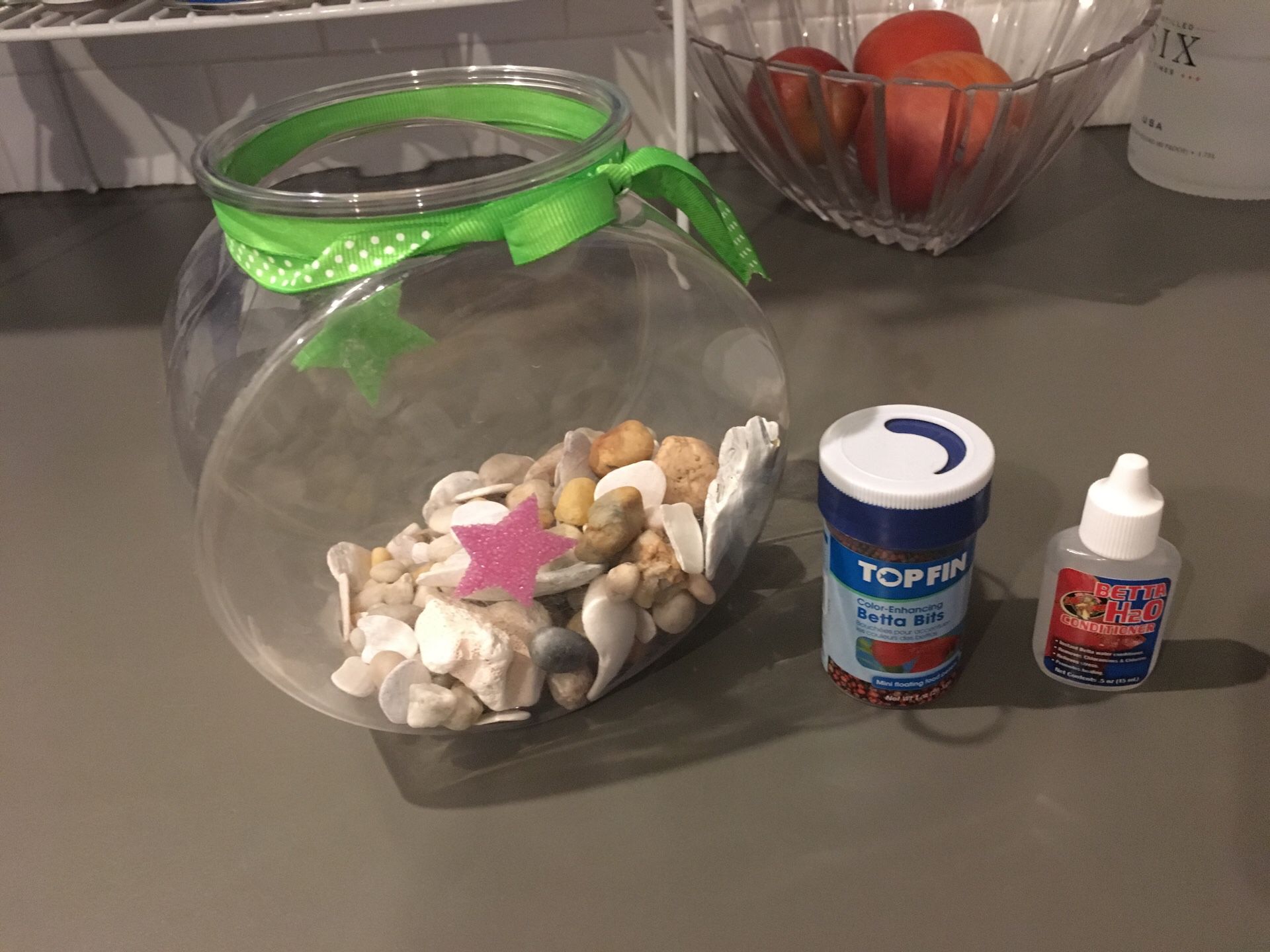 Small fish tank with fish food and Betta water conditioner