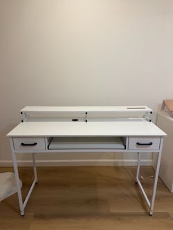 White Computer Desk with Monitor Shelf