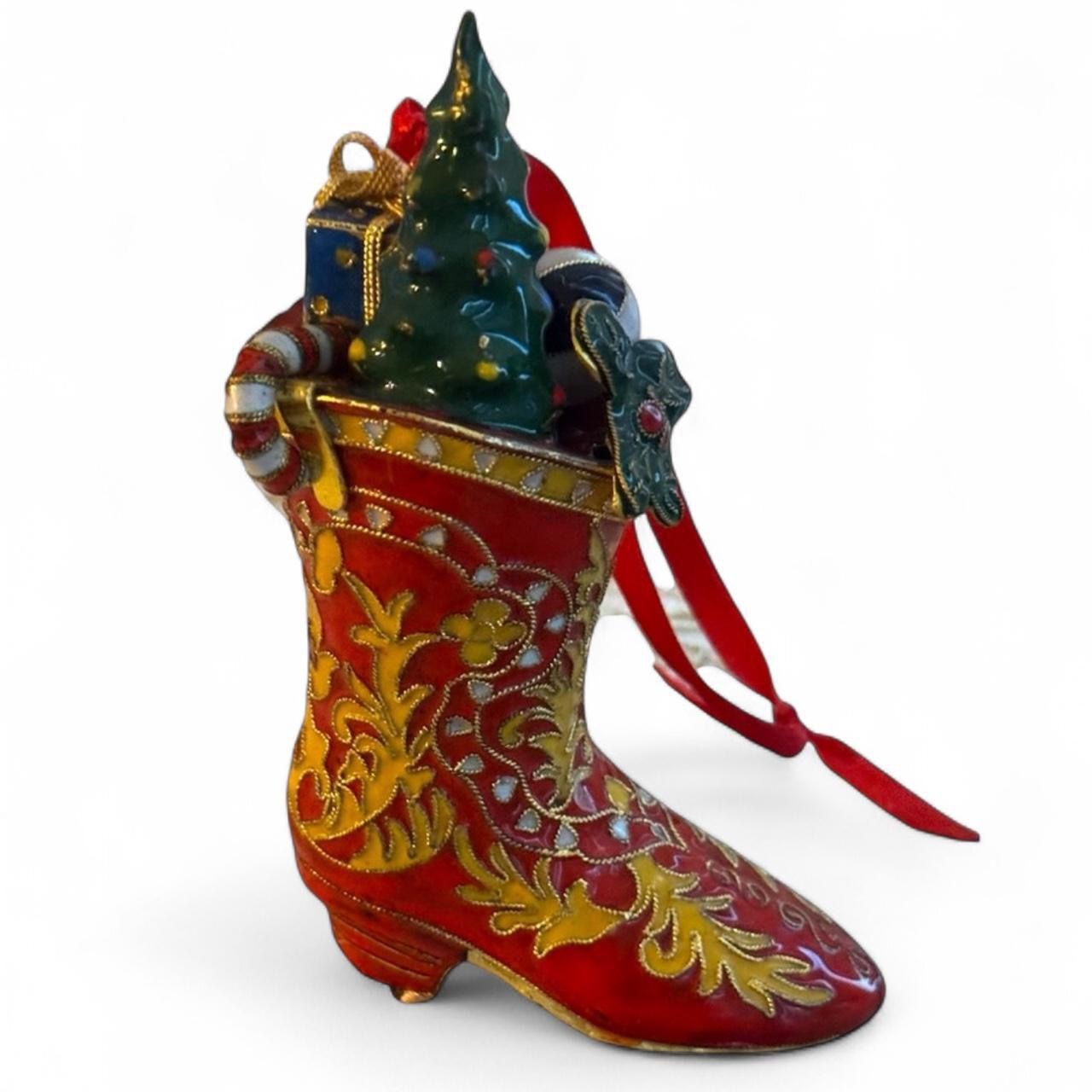 CLOISONNE Vintage Enameled Red & Gold Cowboy Boot Stocking Christmas Ornament