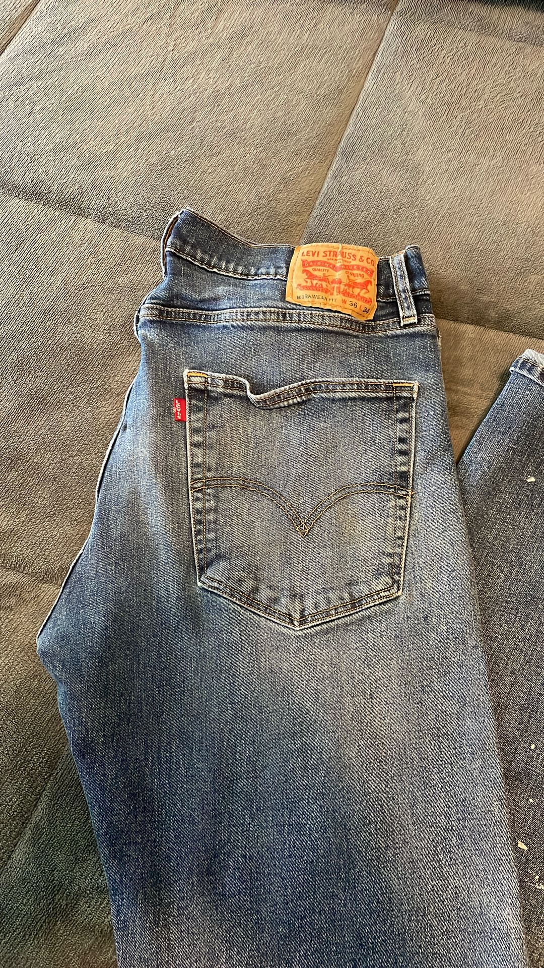 Levi Strauss Workwear Fit Zipper W 36/ L 34 Jeans Have Wallet Wear In Pocket And White Paint On Left Pant Leg Porch Pickup