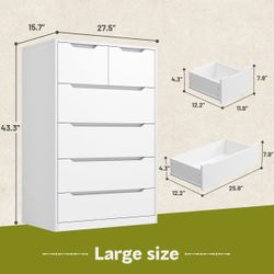 🥨6-Drawer Tall Dresser, Modern  Storage Cabinet With Handleless Design, Quiet Glide Drawers & Anti-Tip Safety For Bedroom, Living Room, Entryway - Wh