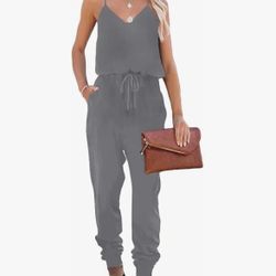 Lacozy Casual Jumpsuits Spaghetti Strap V Neck Rompers Gray, S