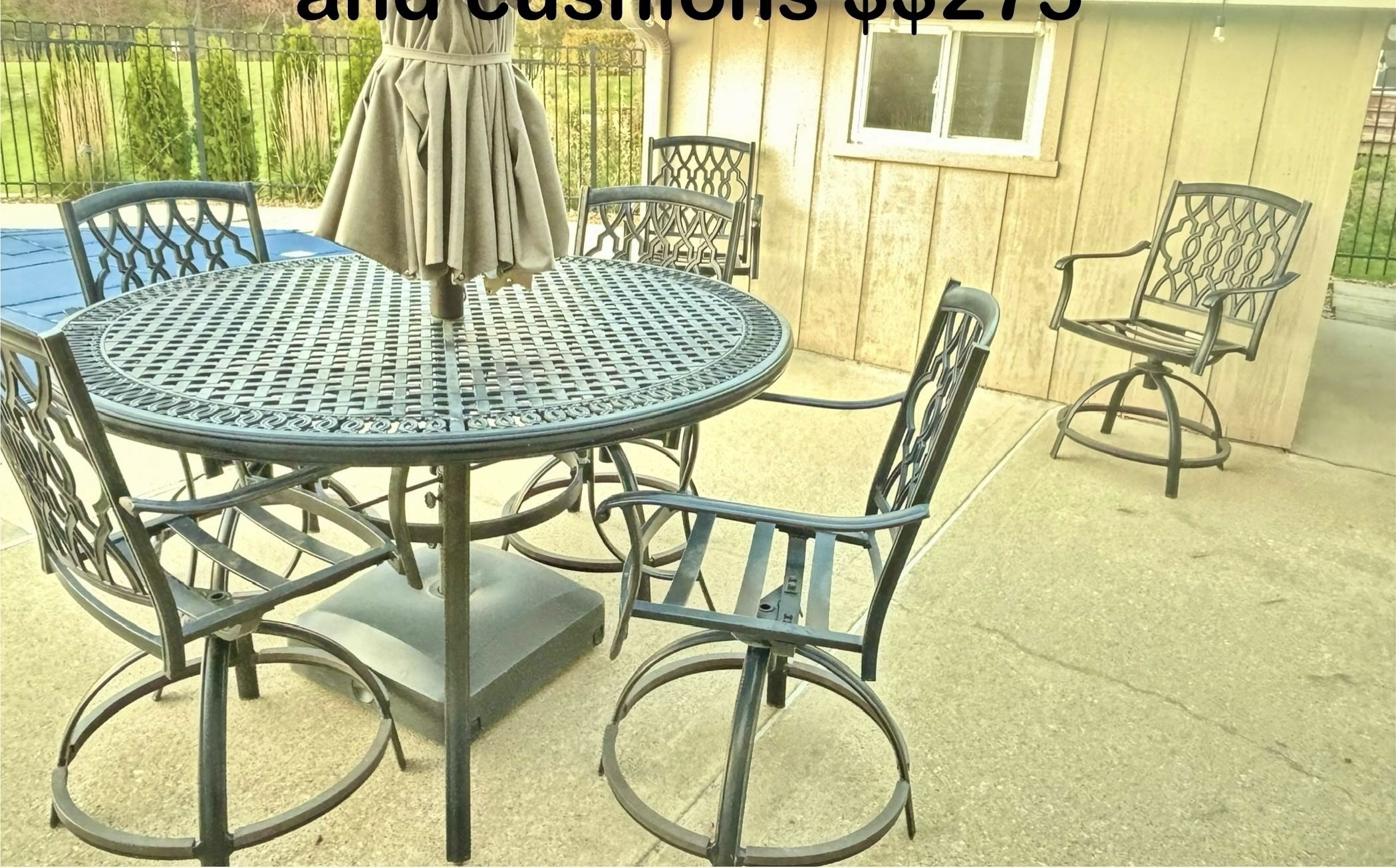 Table, 6 High Top Swivel Chairs, Umbrella And Stand
