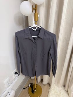 Womens Charcoal Gray Long Sleeve Button Down Collared Blouse Work Shirt