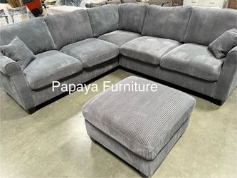 NEW Dark Grey Fabric Sectional Sofa and Ottoman Set Gray Light Black Green Ashley Style Classic Couch High Back Discount Furniture Clearance Closeout