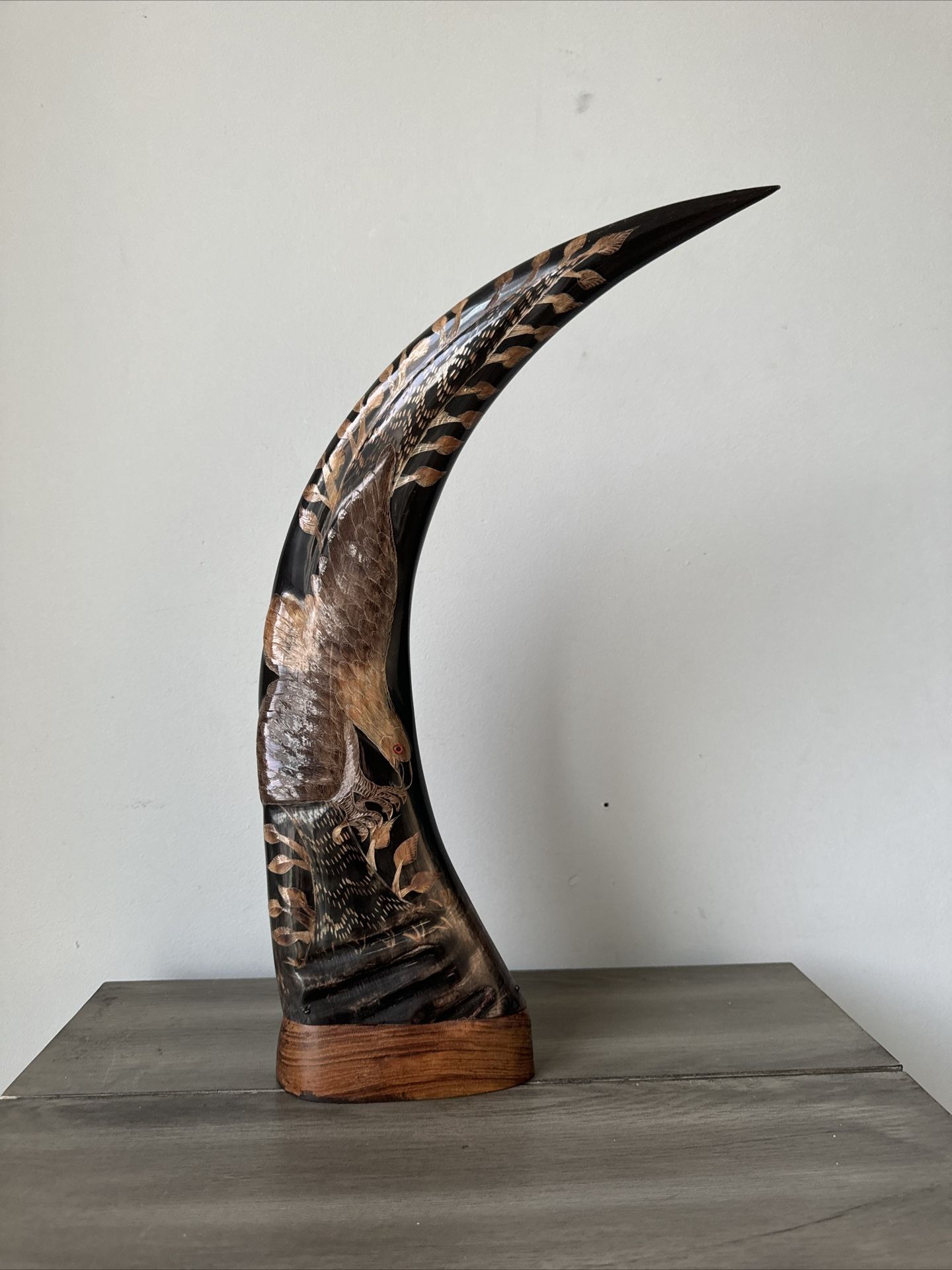 Hand-Carved Buffalo Horn Sculpture with Eagle Design – Unique Tribal Art 