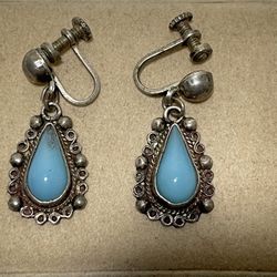 Vintage Signed Sterling Silver Navajo Turquoise Screw Back Dangle Earrings ~ 4gr