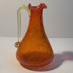 Vintage Crackle Glass Pitcher Ambrina Orange with Yellow Applied Handle 4.5 Inch