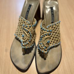 Nine West Women’s Beaded Tan And Blue Knit Sandals, Size: 10