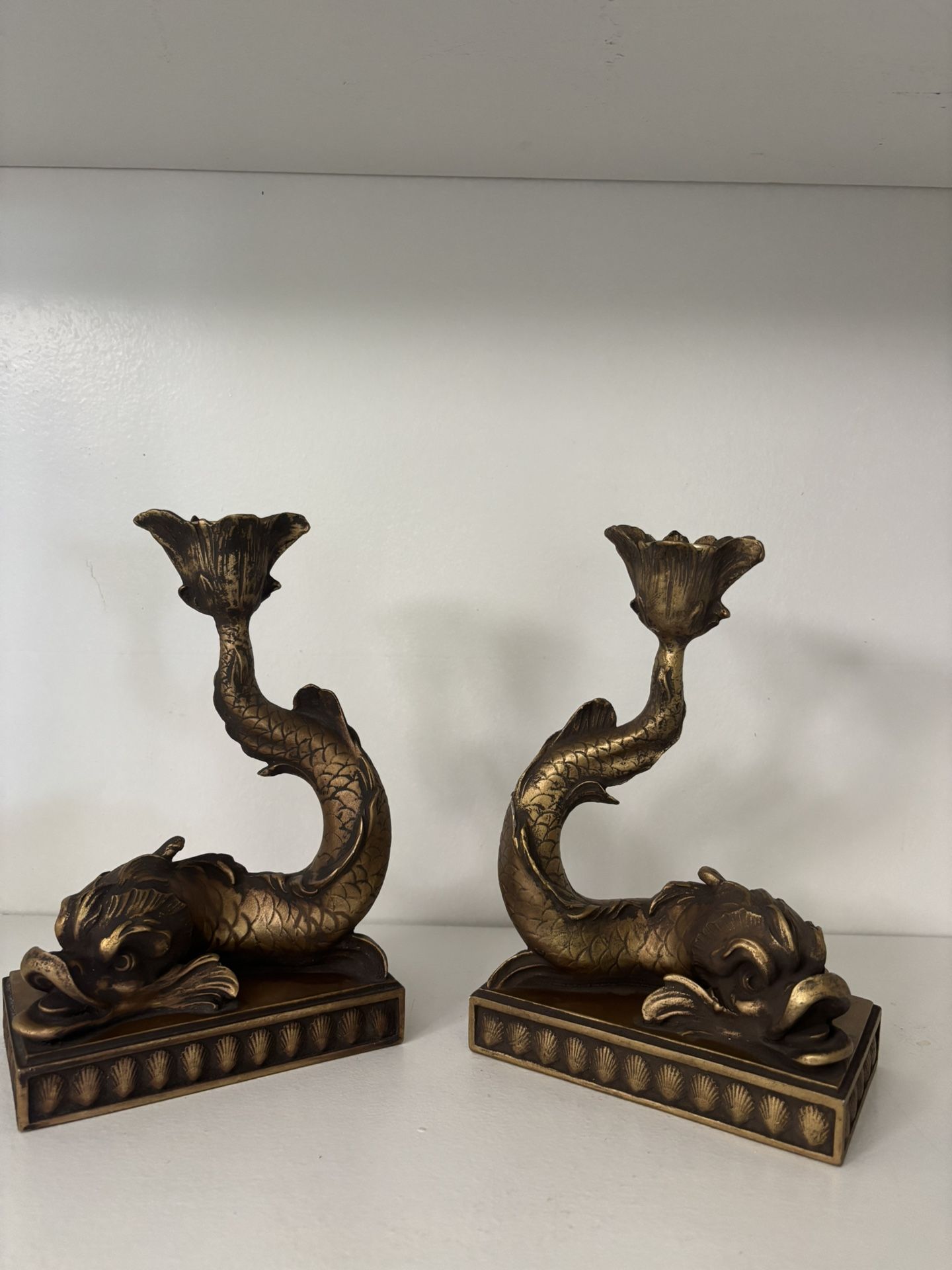 Pair Of Vintage Koi Fish Resin Gold Candle Holders/ Bookends