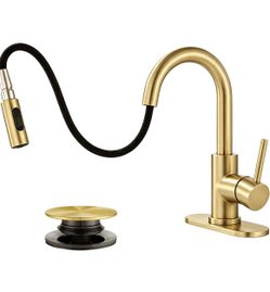 Gold Bathroom Sink Faucet with Pull Down Sprayer 2 Mode Sprayer, with Deck Plate for 1 or 3 Hole, 360° Swivel, with Pop Up Drain for Vanity Bar RV Bas