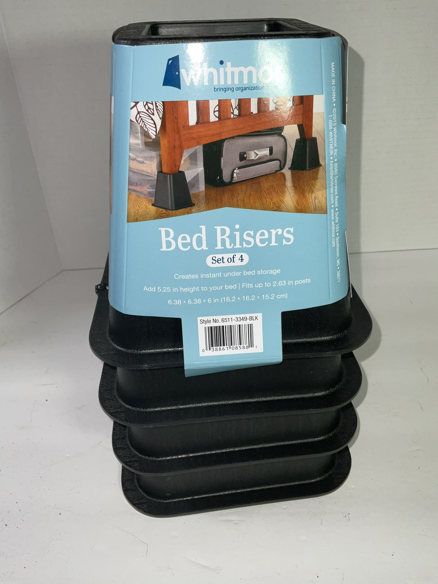 Whitmor Plastic Bed Risers 5.25 In height Plastic Black Set of 4 Please see photos, one of them has a chip out of the corner. It does not effect how t