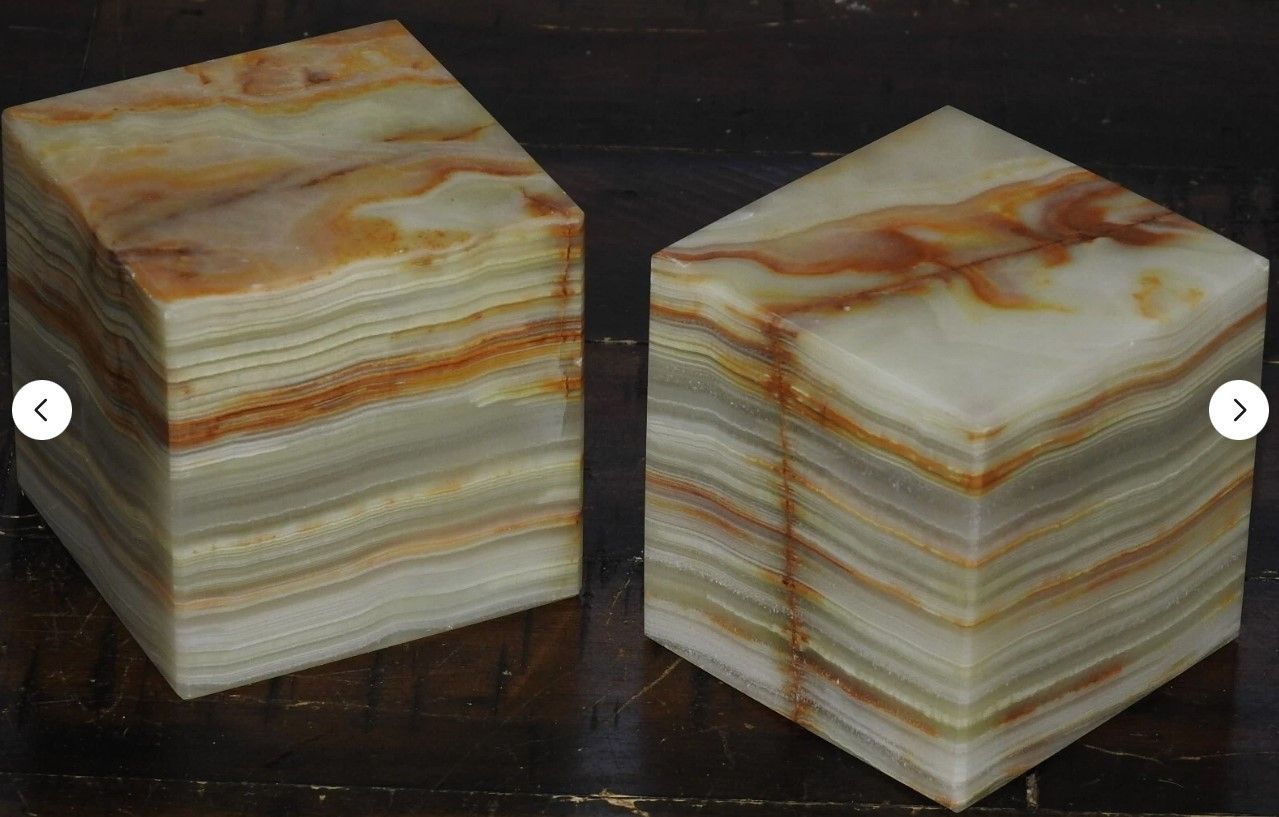 Vintage Onyx SET Solid Paperweight Bookends Square Banded Polished Stone 2 3/4"