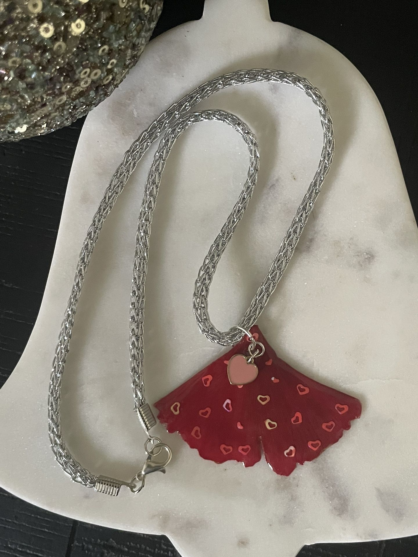 Valentine's Glitter Heart Necklace, Resin Jewelry, Resin Gingko leaf