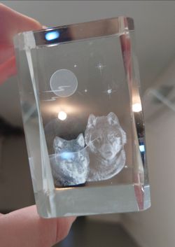 Clear Crystal Rectangular Paperweight Block, 3D Laser Wolf, Glossy Decorative