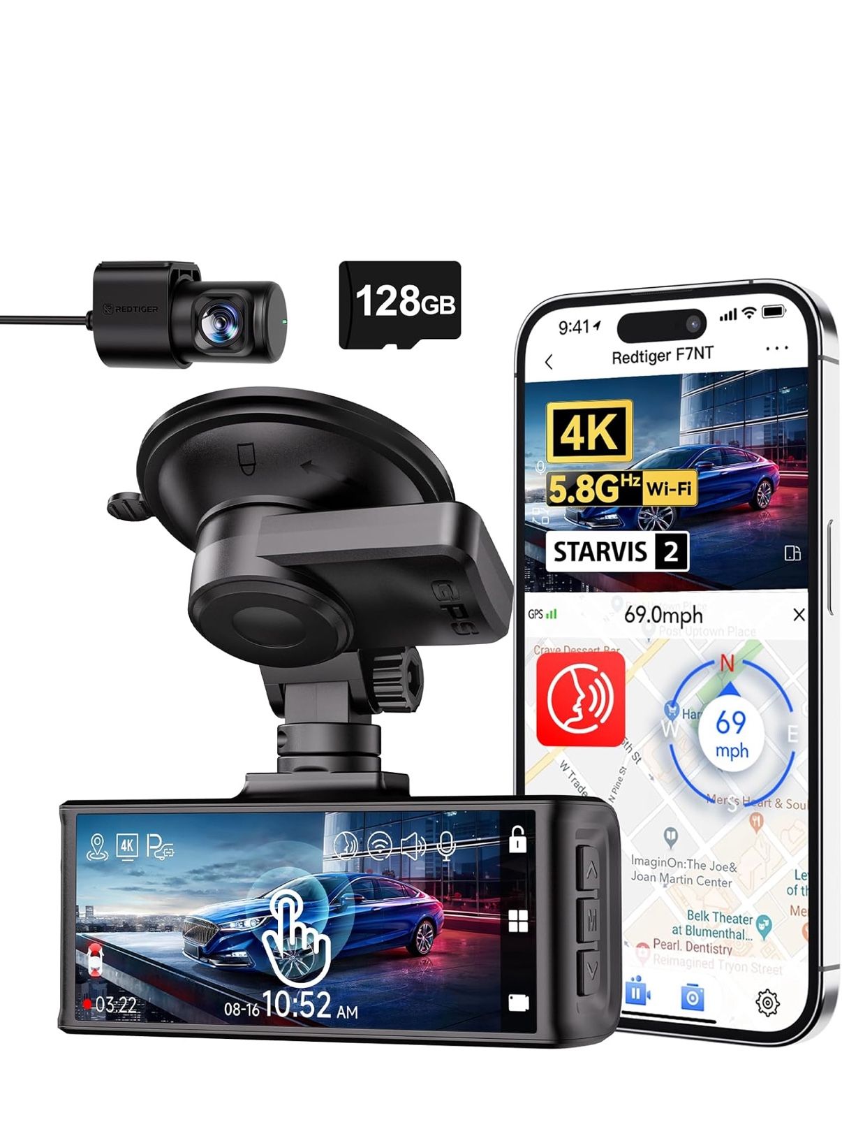 REDTIGER 4K Dash Cam Front and Rear, STARVIS 2 Sensor, Touch Screen 3.18", 128GB Card Included, Voice Control, 5.8GHz WiFi Car Dash Camera, GPS, Night