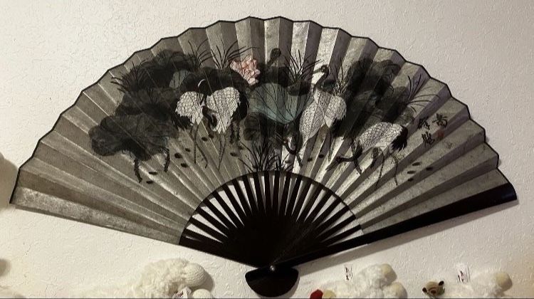 Red-Crowned Crane Chinese Wall Fan Wood Art Birds Oriental Eastern Scenery Decor Japanese 