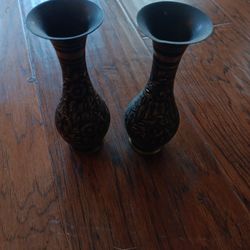 GORGEOUS Pair of Brass Champlave 7" Bud Vases.

