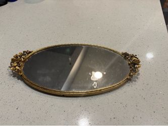Vintage Ormolu Gold Filigree Oval Mirrored Vanity Dressing Table Tray