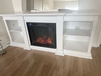 White Electric Fireplace TV Console with Shelves