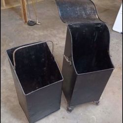 Antique metal coal bin with removable insert, ornate cast feet.