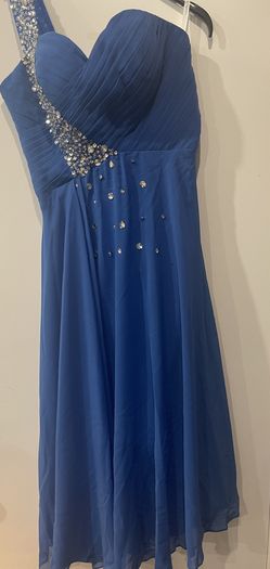 Dress-one-shoulder multi-beaded dress in topaz blue, suitable as a formal evening or prom gown. 