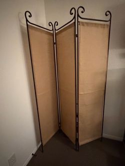 Trifold, burlap and bronze metal room dividers