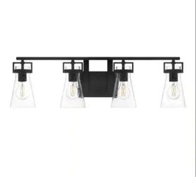 Home Decorators Collection Clermont 30.75 in. 4-Light Matte Black Bathroom Vanity Light with Seeded Glass Shades