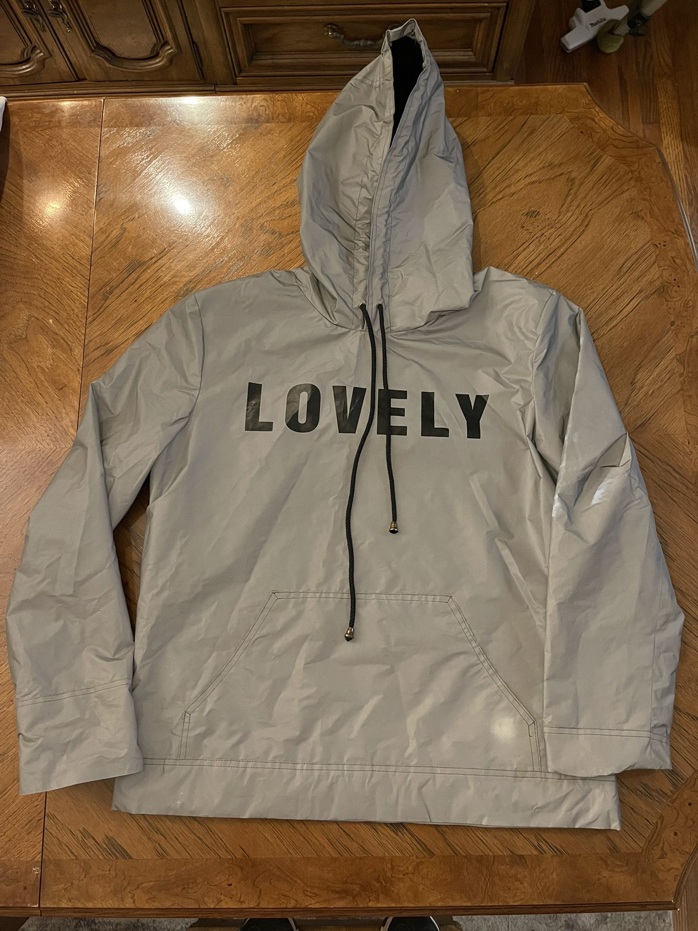 Cool unique J4 “LOVELY” Reflective Hoodie Jacket with Black Print - Size XL