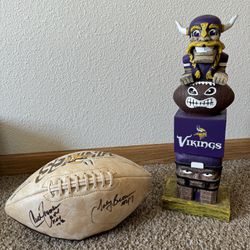 Minnesota Vikings Signed Football & Totem Stand