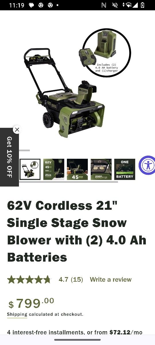 Green Machine 62v Snow Blower New