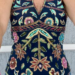 Vintage Y2K Black Floral Beaded Lace Up Back Halter Top
