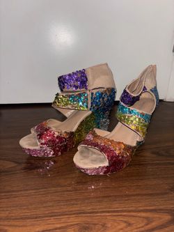Rainbow Sequin Platform Wedge Sandals