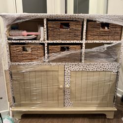 cottage-style storage cabinet with woven basket drawers